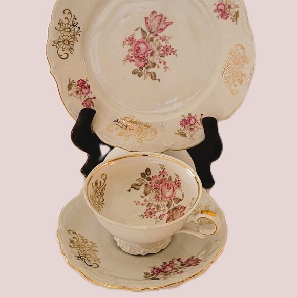 Bareuther Bavaria Pink Rose Design Set Cup Saucer Plate Back-stamp 1931-1950 - Picture 3 of 10